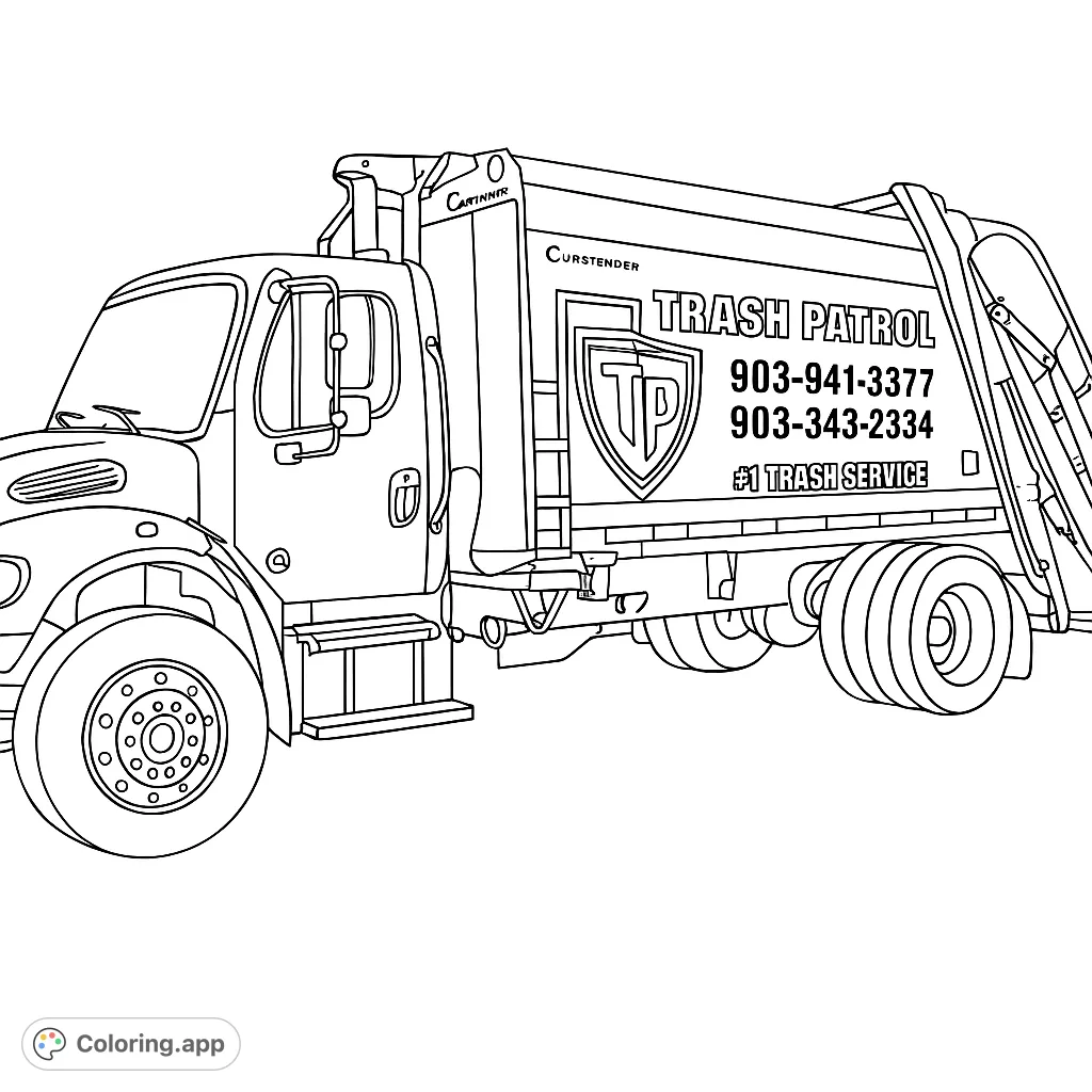 A detailed garbage truck coloring page, perfect for vehicle enthusiasts. Features a robust cab, large wheels, and a detailed compaction unit, ready for vibrant colors.