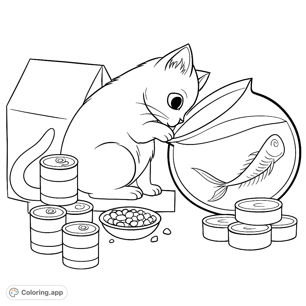 A playful kitten peeks into a fishbowl with a fish skeleton, surrounded by cat food cans and kibble. A fun, free printable cat coloring page.