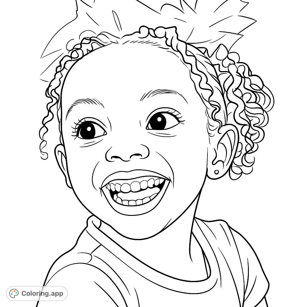 A delightful black and white line drawing of a happy child with curly hair, smiling broadly, perfect for a joyful coloring experience.
