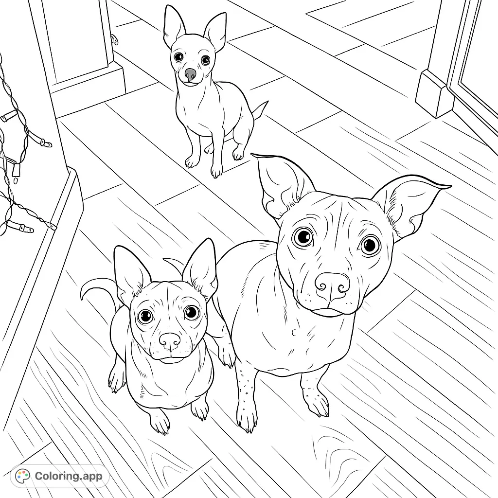 An adorable chihuahua coloring page featuring three curious pups on a wooden floor, perfect for dog lovers and free printable fun.