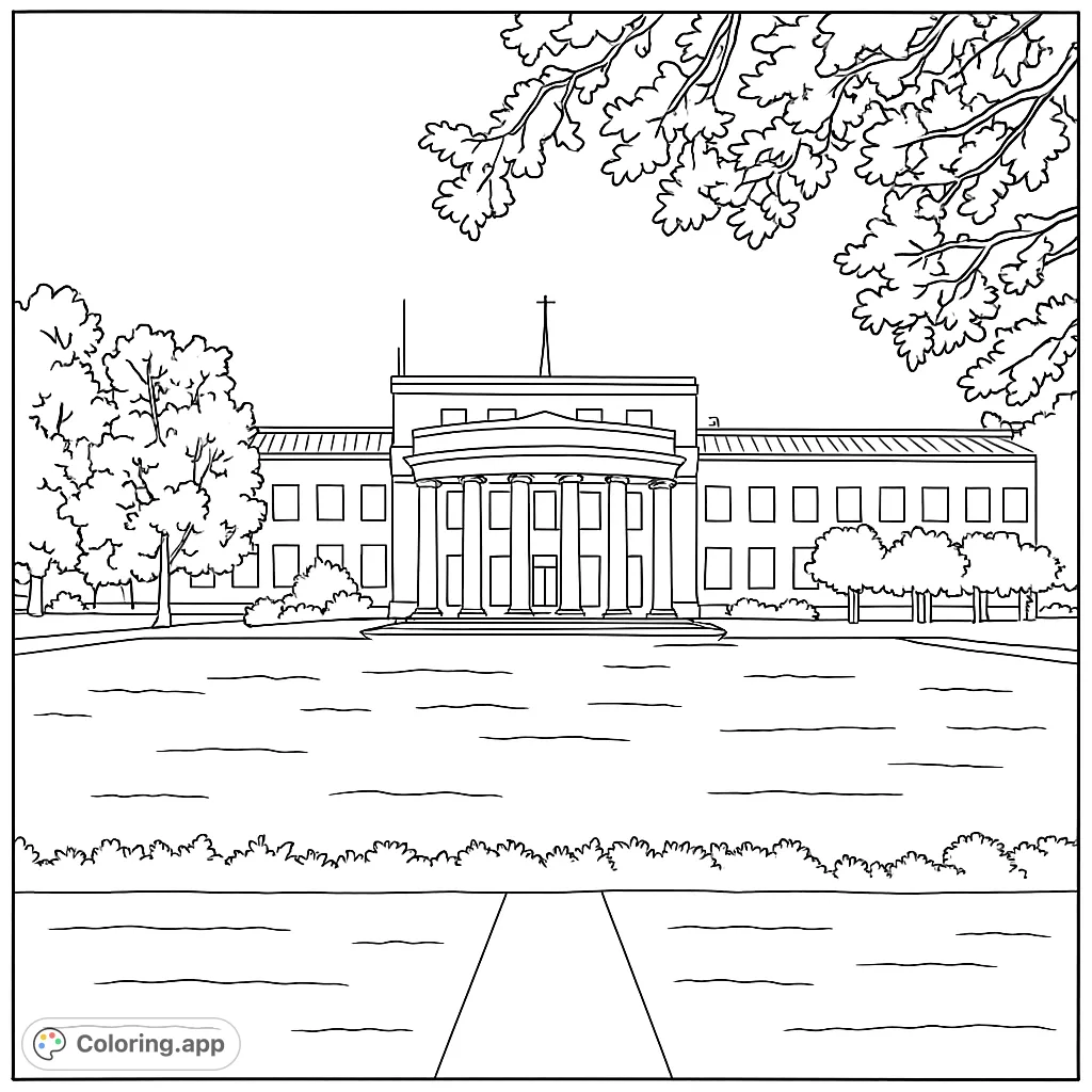 A grand classical building with stately columns, surrounded by lush lawns and mature trees, perfect for a detailed architectural coloring experience.