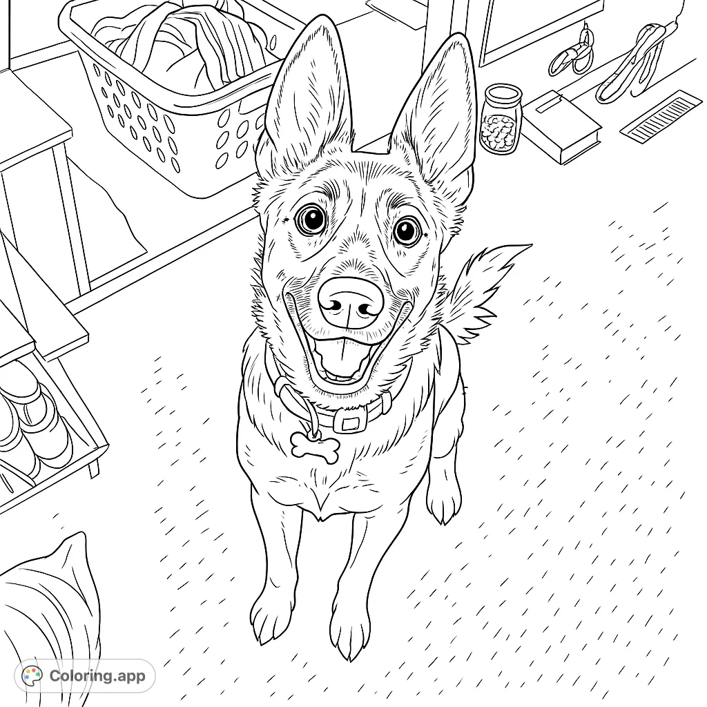 A joyful dog with a wide smile looks up, surrounded by everyday household items, offering a delightful and engaging coloring experience.