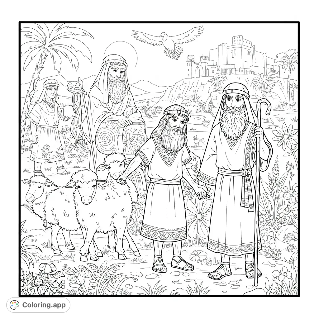 A detailed biblical scene featuring robed figures, a shepherd with his flock of sheep, and an ancient city background. Perfect for historical and religious coloring.