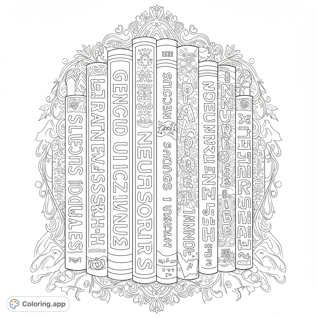 An intricate fantasy books coloring page featuring a stack of seven uniquely patterned books framed by an elaborate, symmetrical decorative border.
