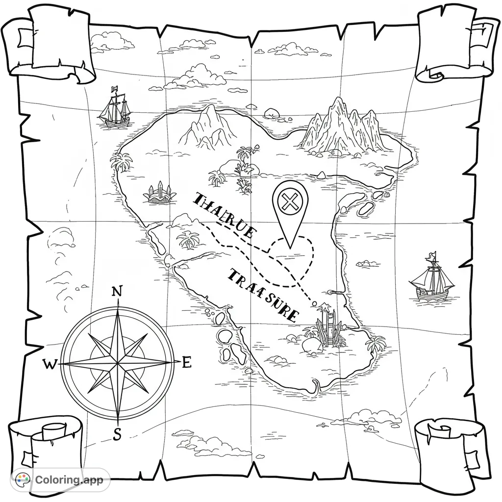 Embark on an adventure with this detailed pirate treasure map coloring page! Explore an island with mountains, ships, and a compass, leading to hidden riches.