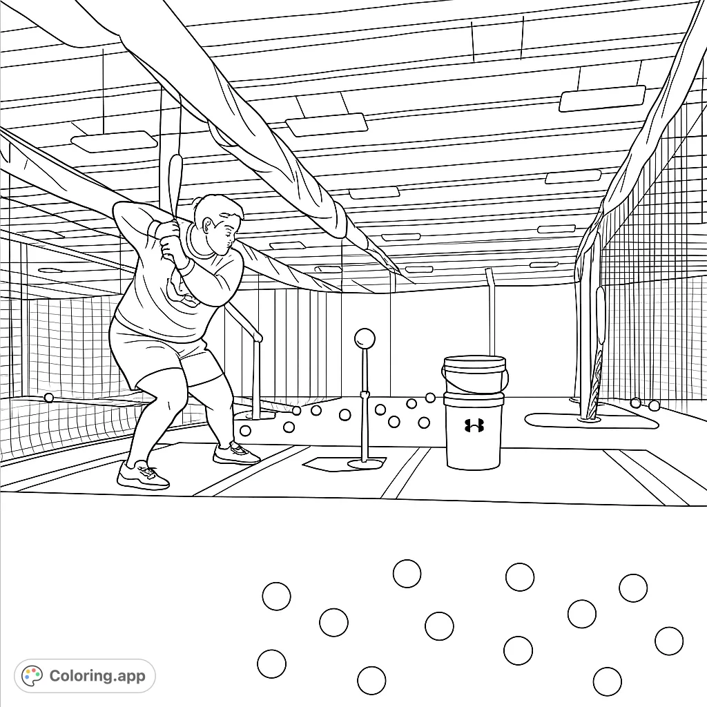 Dynamic baseball athlete in an indoor batting cage, ready to hit. A free printable sports coloring page for kids and adults.