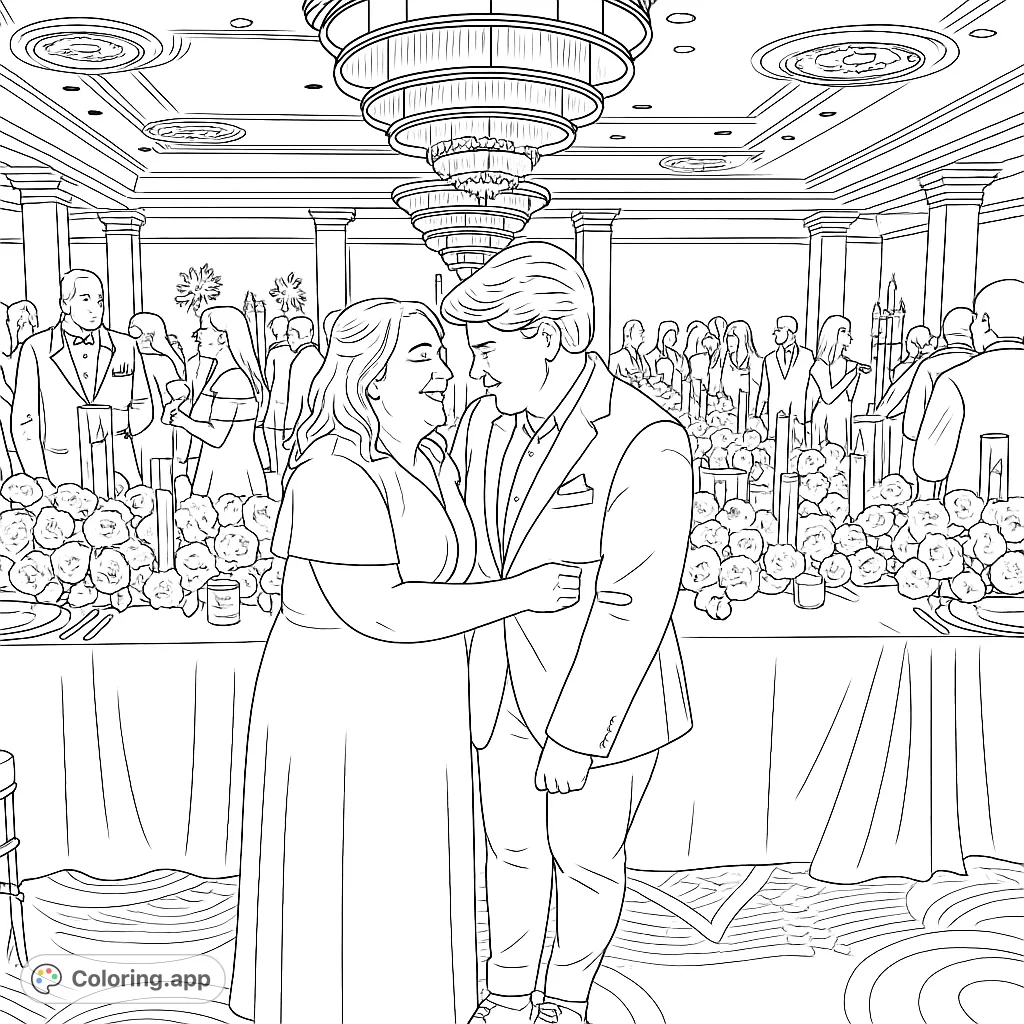 A romantic couple embraces amidst an elegant ballroom celebration, surrounded by guests, floral arrangements, and grand chandeliers.