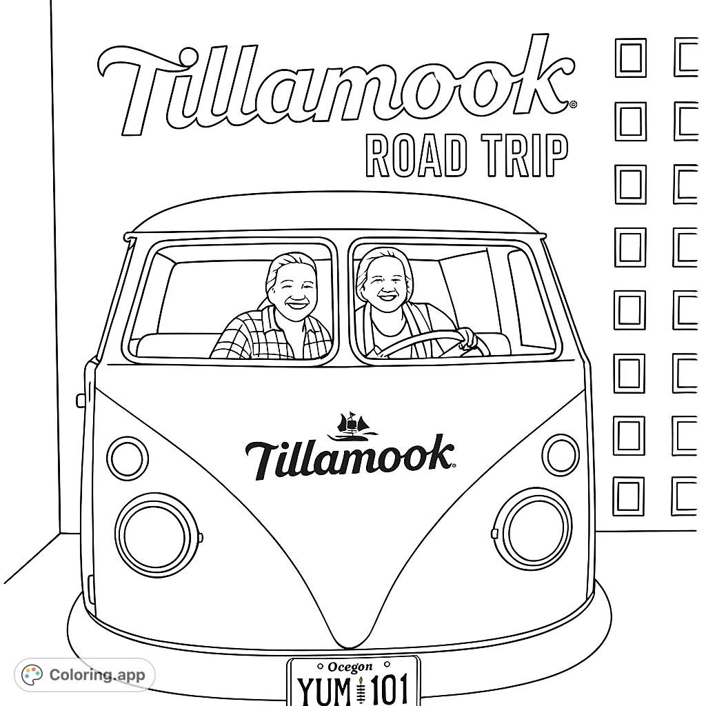 A cheerful vintage van with two smiling travelers ready for adventure. A fun, free printable road trip coloring page for all ages.