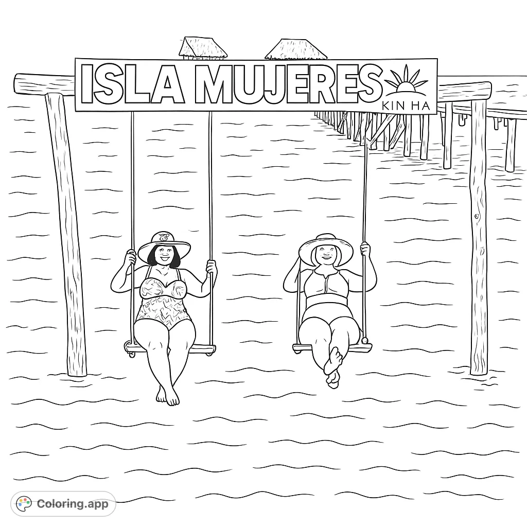 Two women on swings over clear water, with an 'Isla Mujeres' sign and pier. A relaxing tropical island coloring page for all ages.