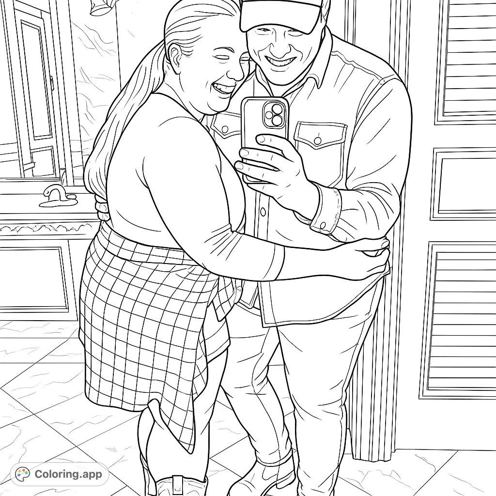 A heartwarming selfie of a laughing couple embracing, perfect for a romantic coloring page. Features detailed clothing and a cozy indoor setting.