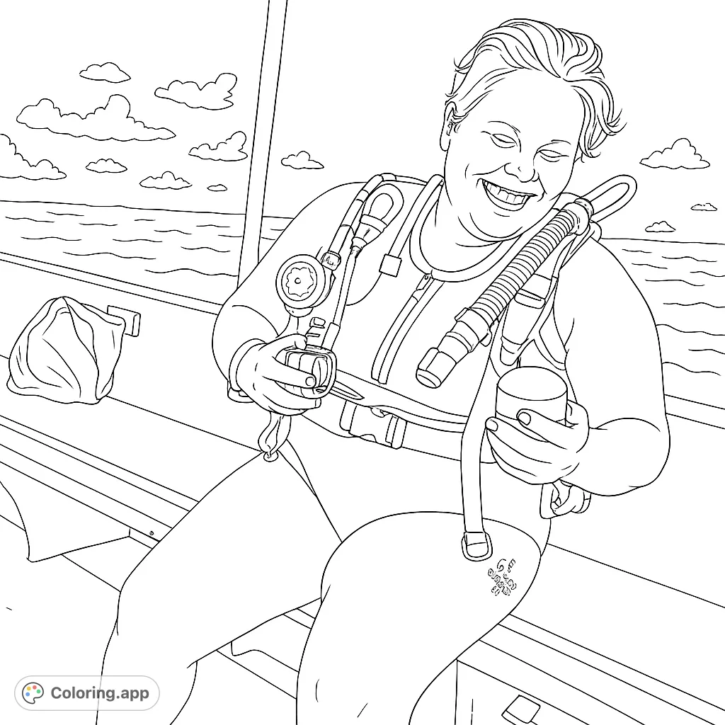 A joyful scuba diver in full gear smiles on a boat, ready for adventure. Perfect for a free printable scuba diving coloring page.