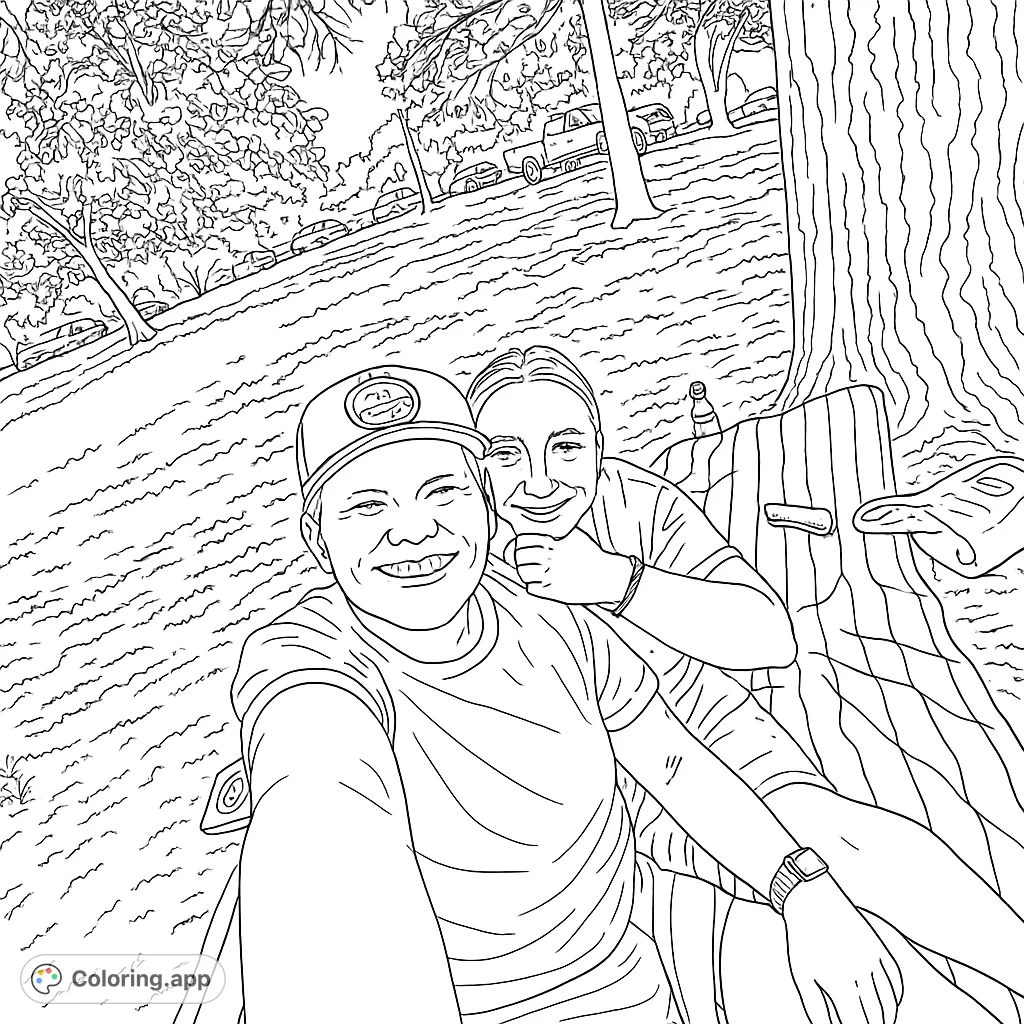 Two friends smiling in a park selfie, with a large tree, striped blanket, and cars in the background. A fun outdoor scene for coloring.