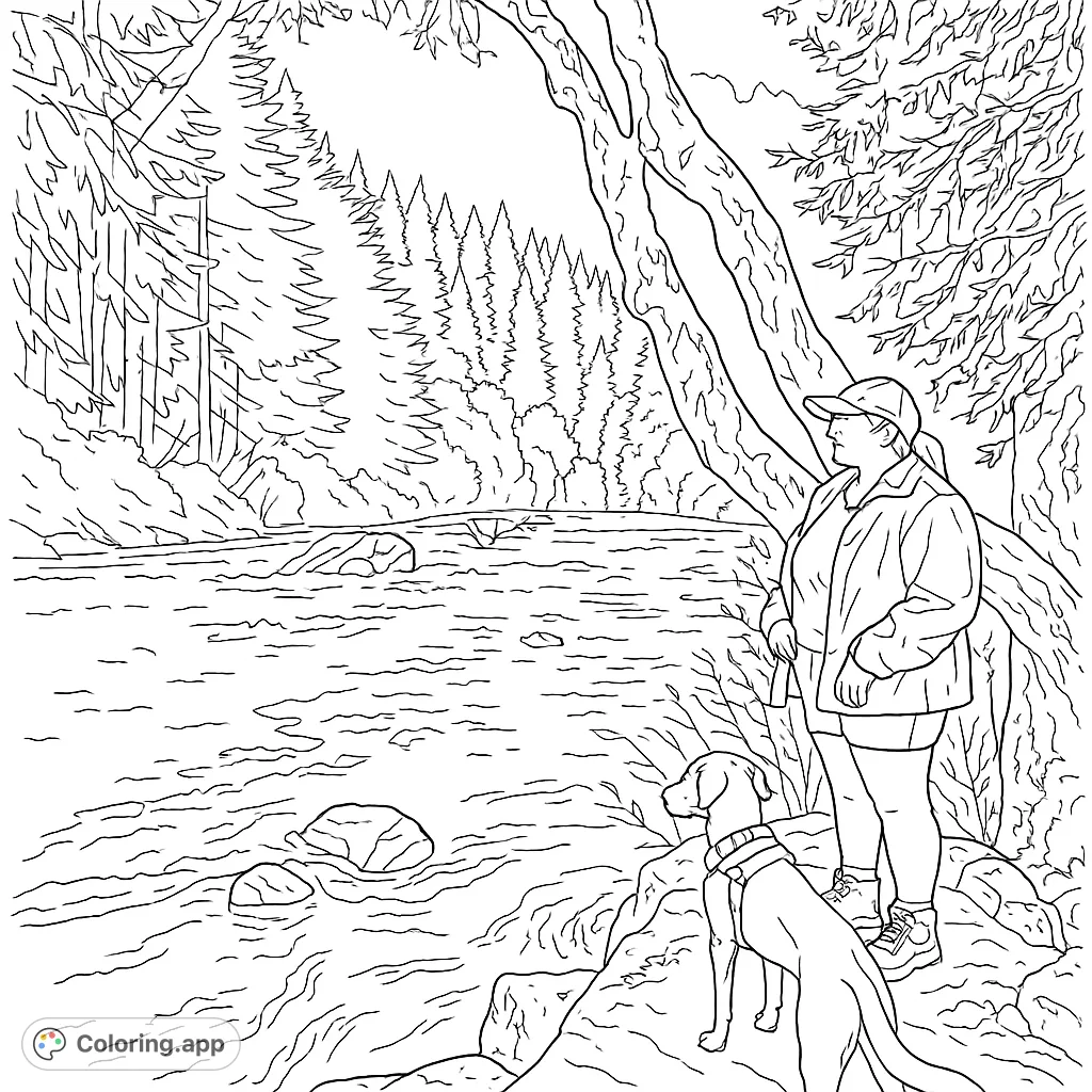 A peaceful nature scene featuring a person and their dog by a flowing river, surrounded by lush forest. Perfect for outdoor enthusiasts.
