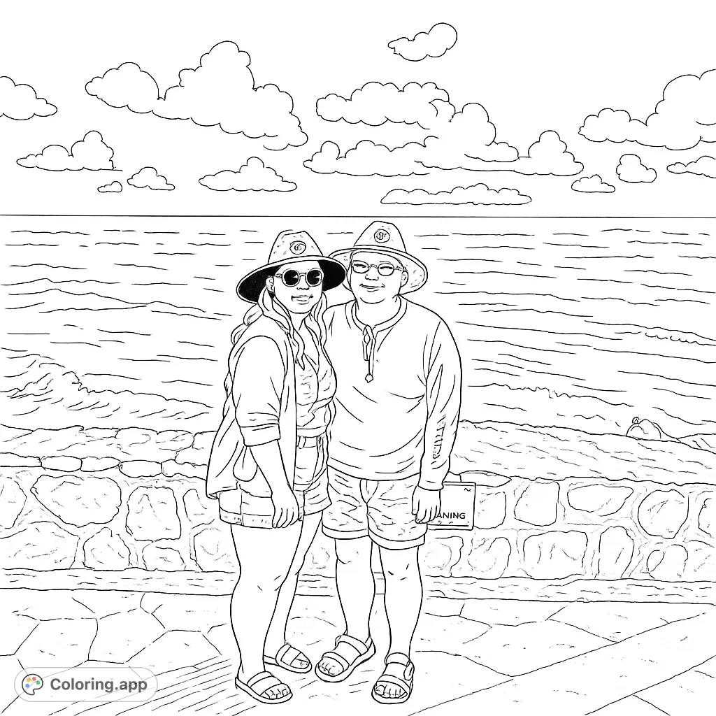 A happy couple enjoys a sunny day by the ocean, standing near a stone wall with clouds above. Perfect for a relaxing summer coloring page.