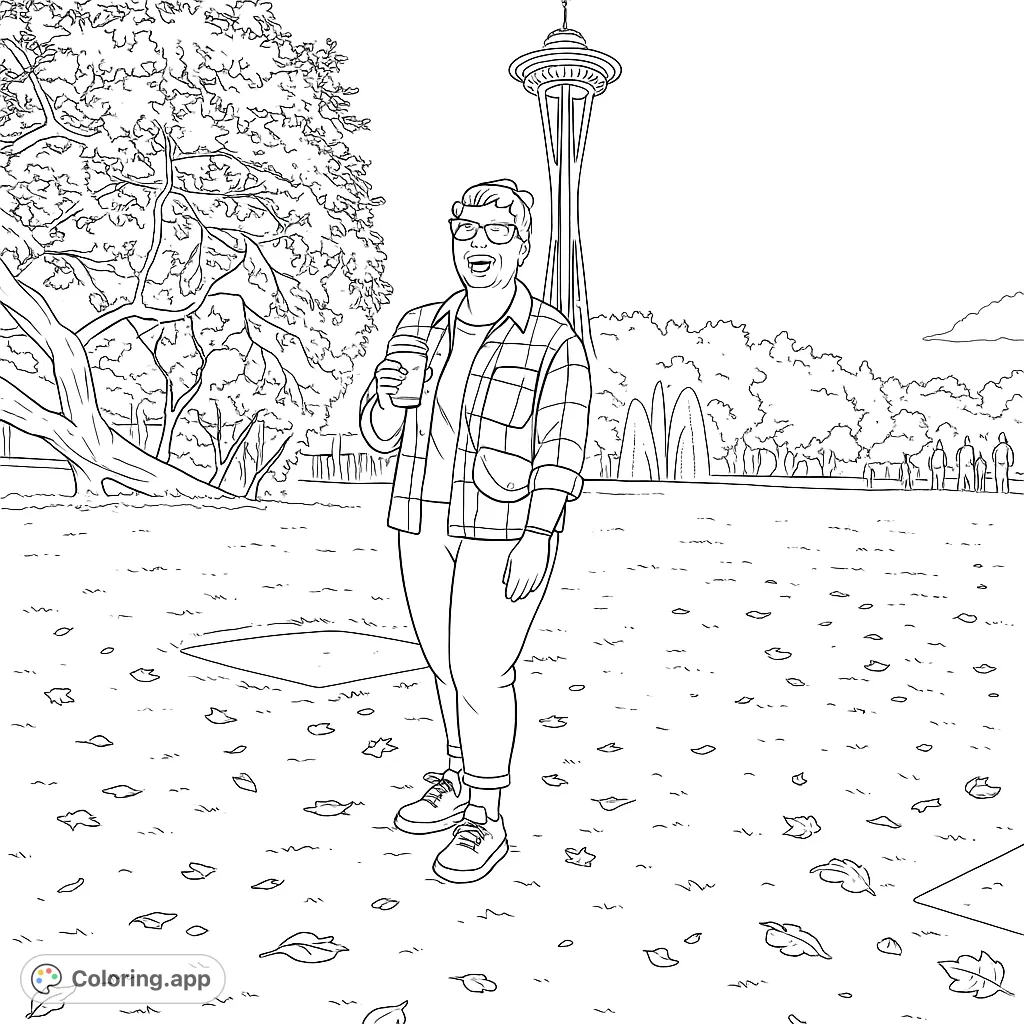 A person enjoys coffee in a vibrant park setting with the iconic Space Needle in the background, perfect for a relaxing urban coloring session.
