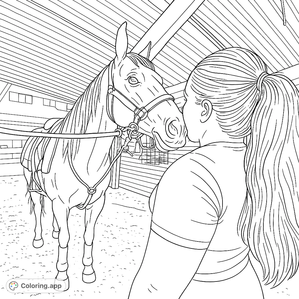 A heartwarming horse stable coloring page featuring a person gently interacting with a saddled horse, perfect for animal lovers and equestrian enthusiasts.