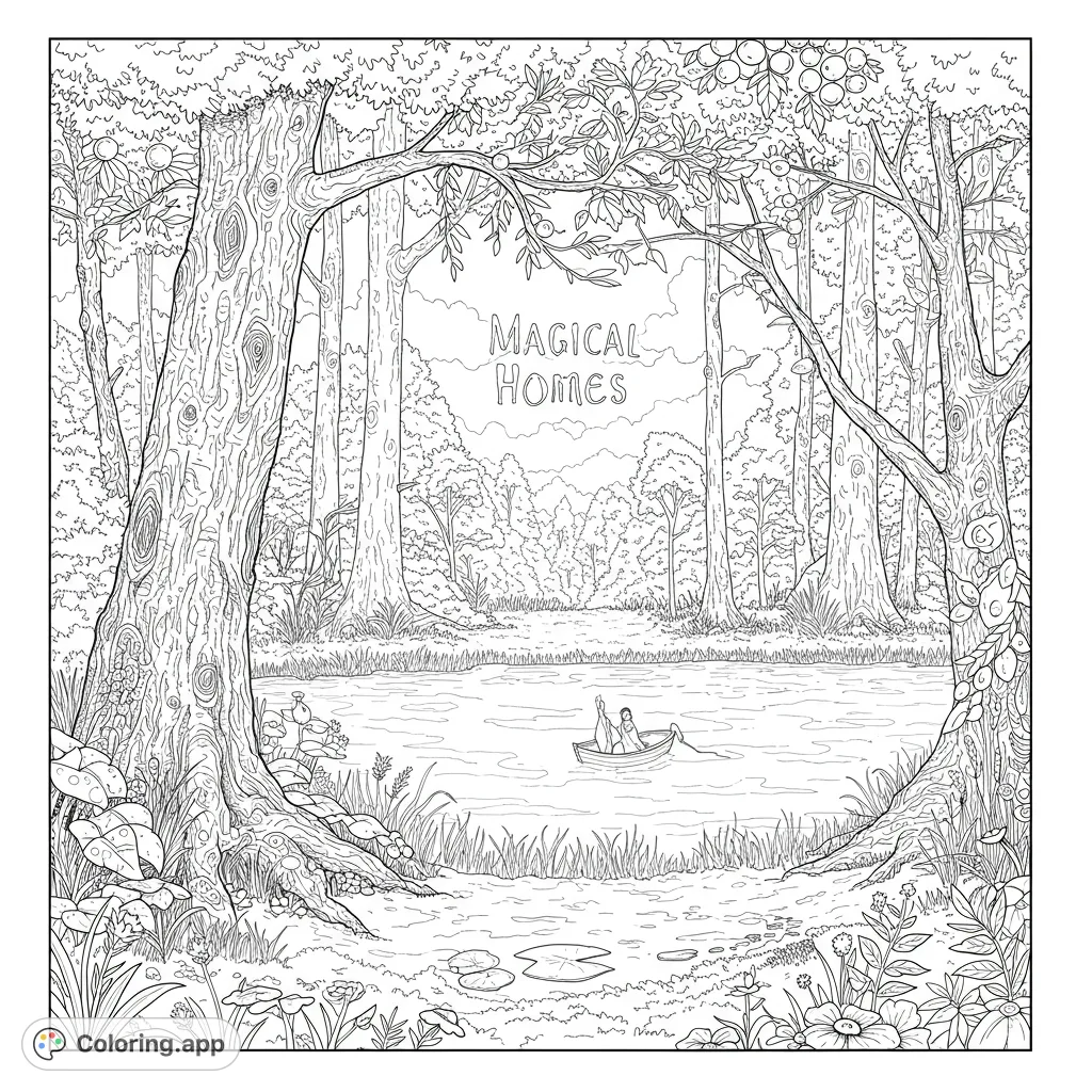 Explore an enchanted forest with ancient trees framing a serene pond, where a small boat glides. A magical nature scene for creative coloring.