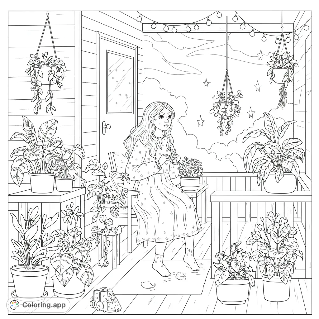A serene woman knits on a plant-filled porch under string lights and a starry sky. A cozy, free printable coloring page for relaxation.