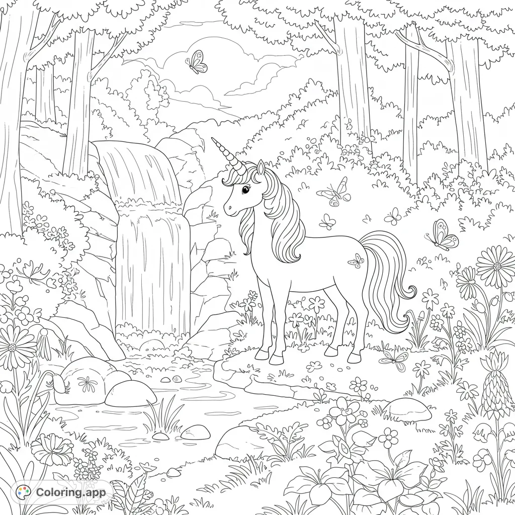 A majestic unicorn stands by a flowing waterfall in an enchanted forest, surrounded by butterflies and blooming flowers. A magical scene for coloring.