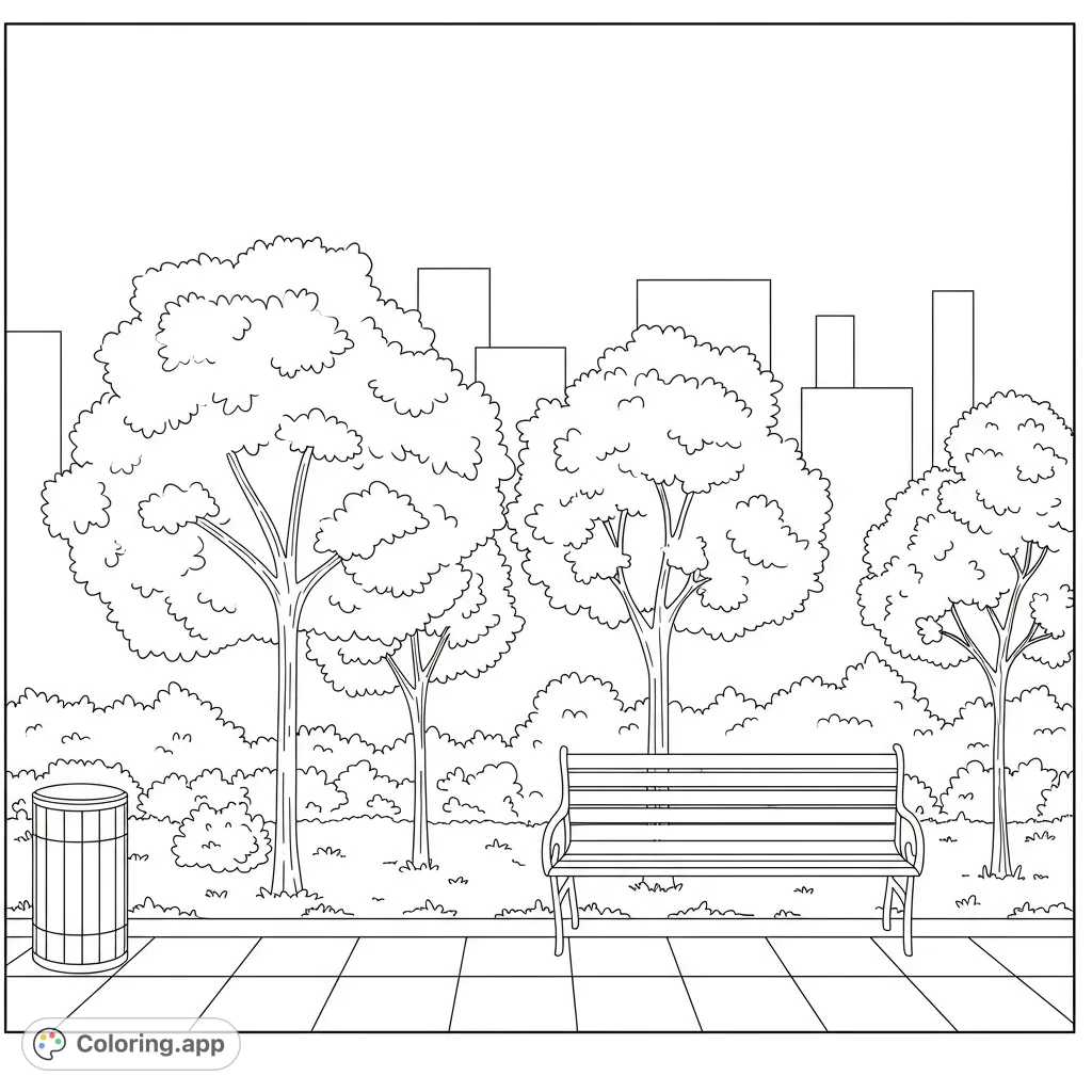 A serene park scene featuring a classic bench, lush trees, and a city skyline, perfect for a relaxing nature-themed coloring page experience.