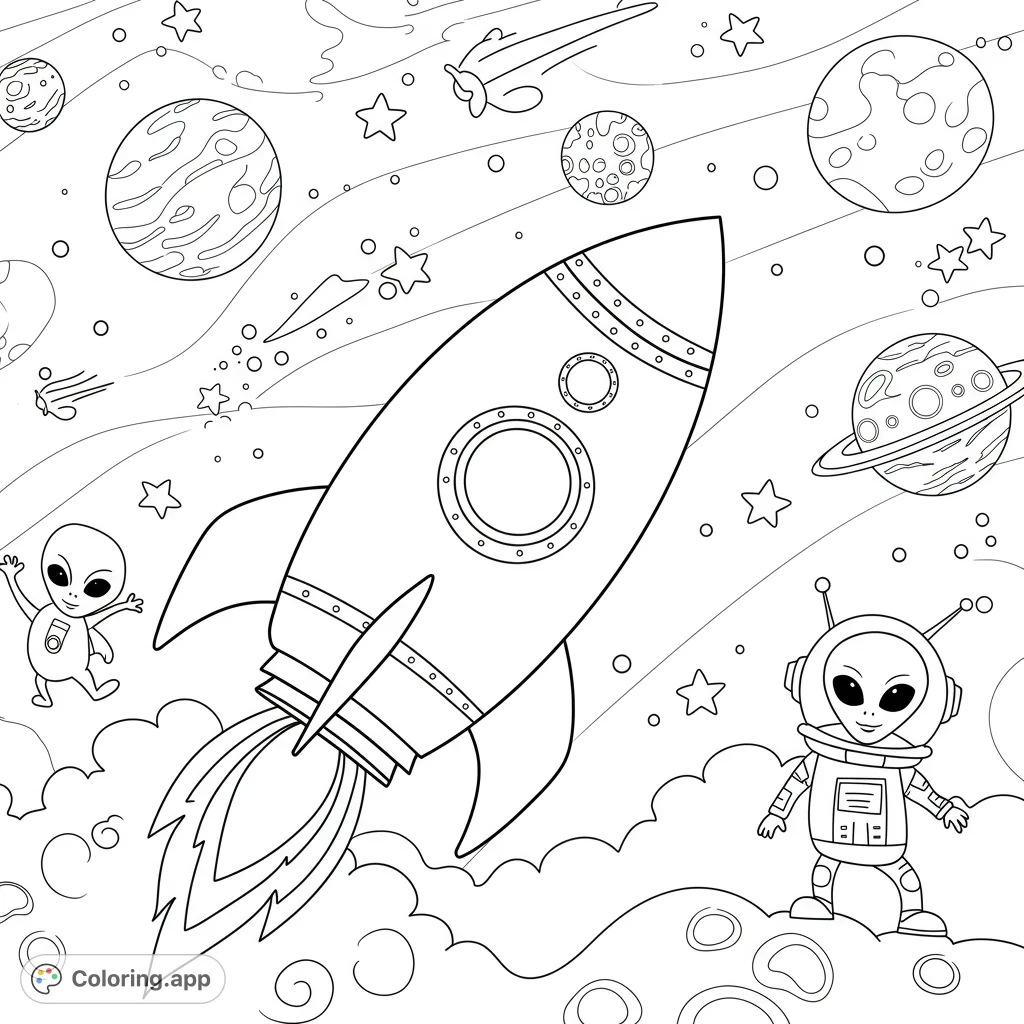 Blast off into a cosmic adventure! This space coloring page features a launching rocket, friendly aliens, planets, and stars, perfect for imaginative fun.