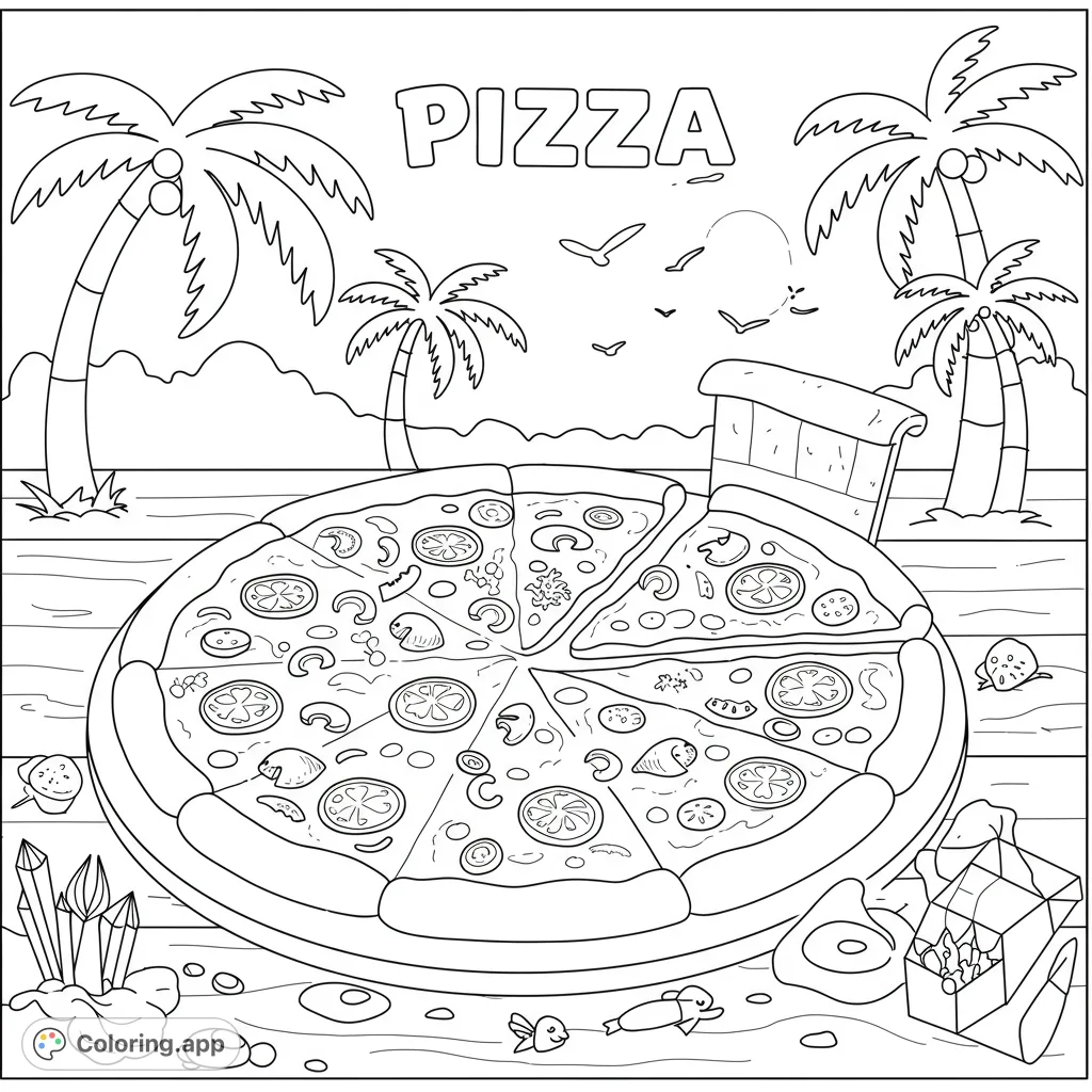 A delicious pizza on a tropical beach with palm trees and ocean views, perfect for a fun coloring adventure. A free printable coloring page.