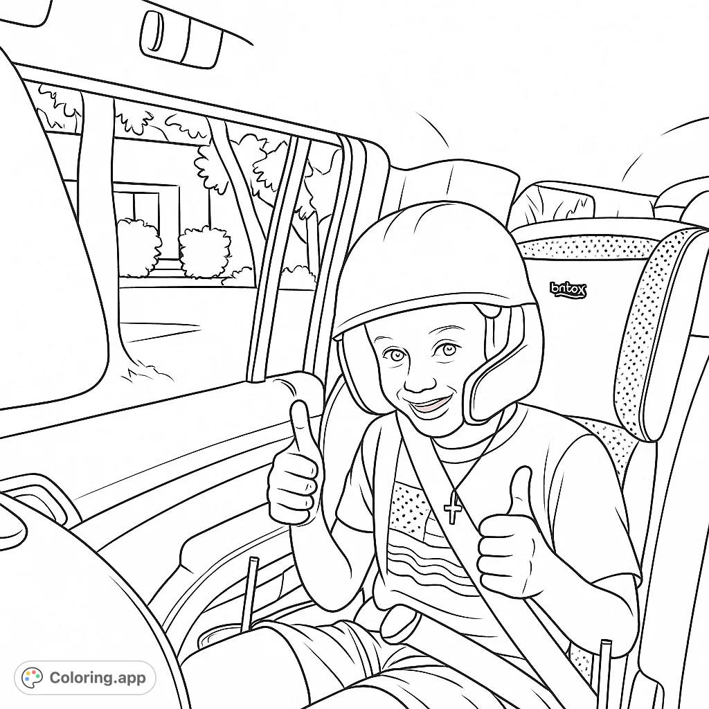 A cheerful child in a car seat, helmet on, giving thumbs up for a safe ride. Perfect for a fun, free printable car safety coloring page!