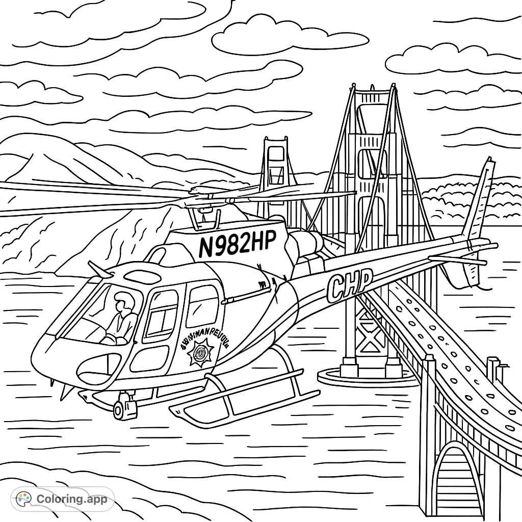 Dynamic helicopter flying over a majestic suspension bridge and water, with mountains and clouds. A detailed vehicle and iconic landmark scene.