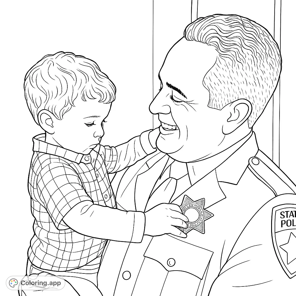 Heartwarming police officer and child coloring page. Celebrate community heroes with this free printable, perfect for all ages.