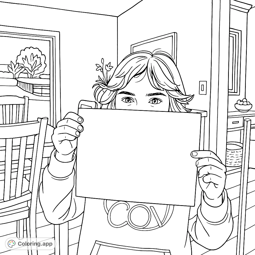 A person peeks over a blank sign, ready for your custom message. A versatile free printable coloring page for all ages, perfect for creativity.