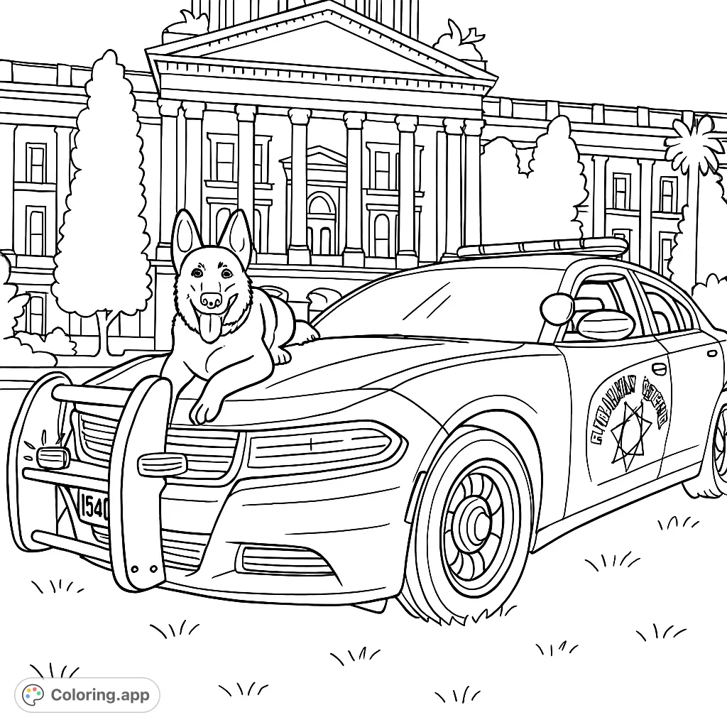 A brave police dog rests on a patrol car in front of a grand building. A free printable police dog coloring page for kids and adults.