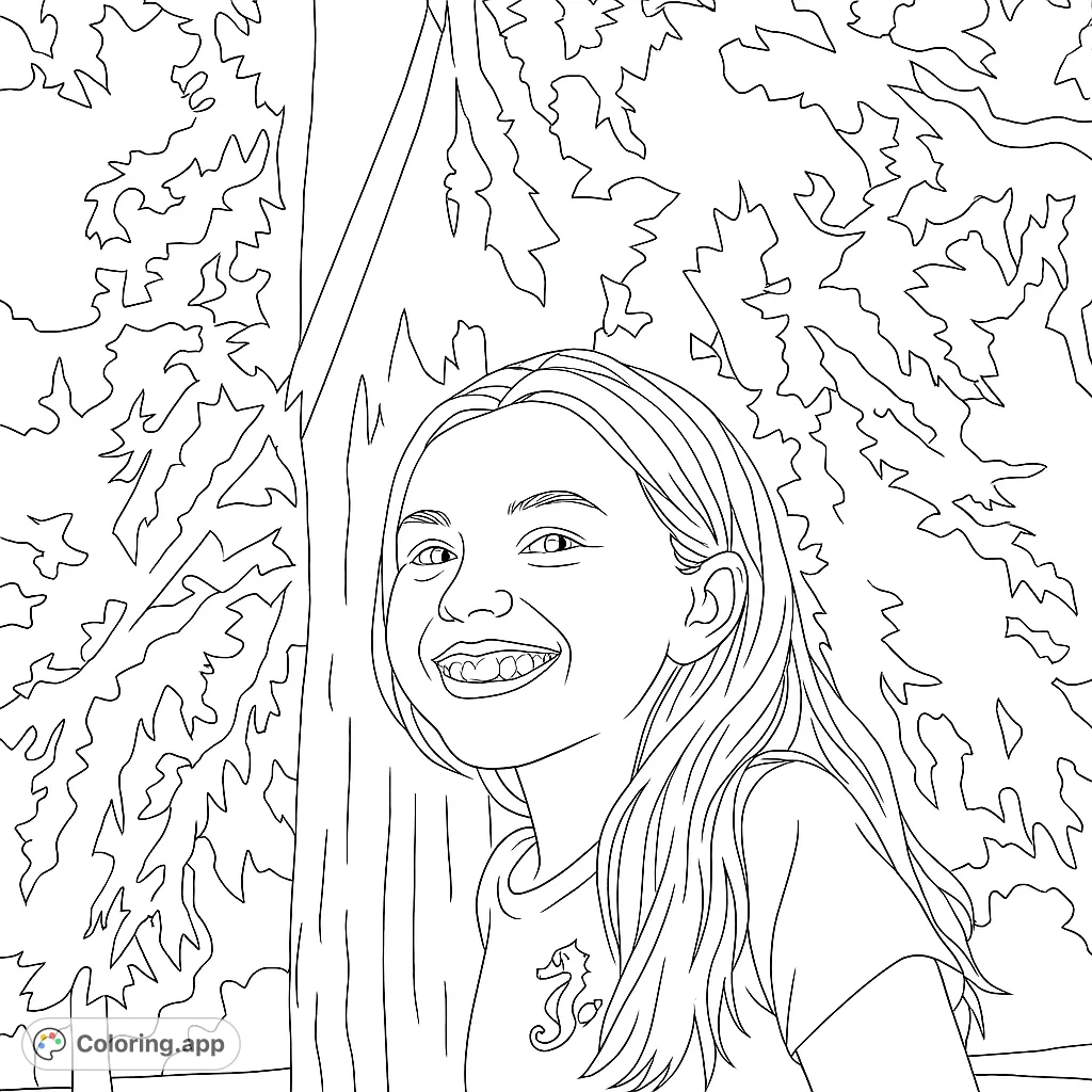 A joyful young girl with a bright smile and long flowing hair, standing amidst lush, detailed foliage, perfect for a nature-themed coloring adventure.