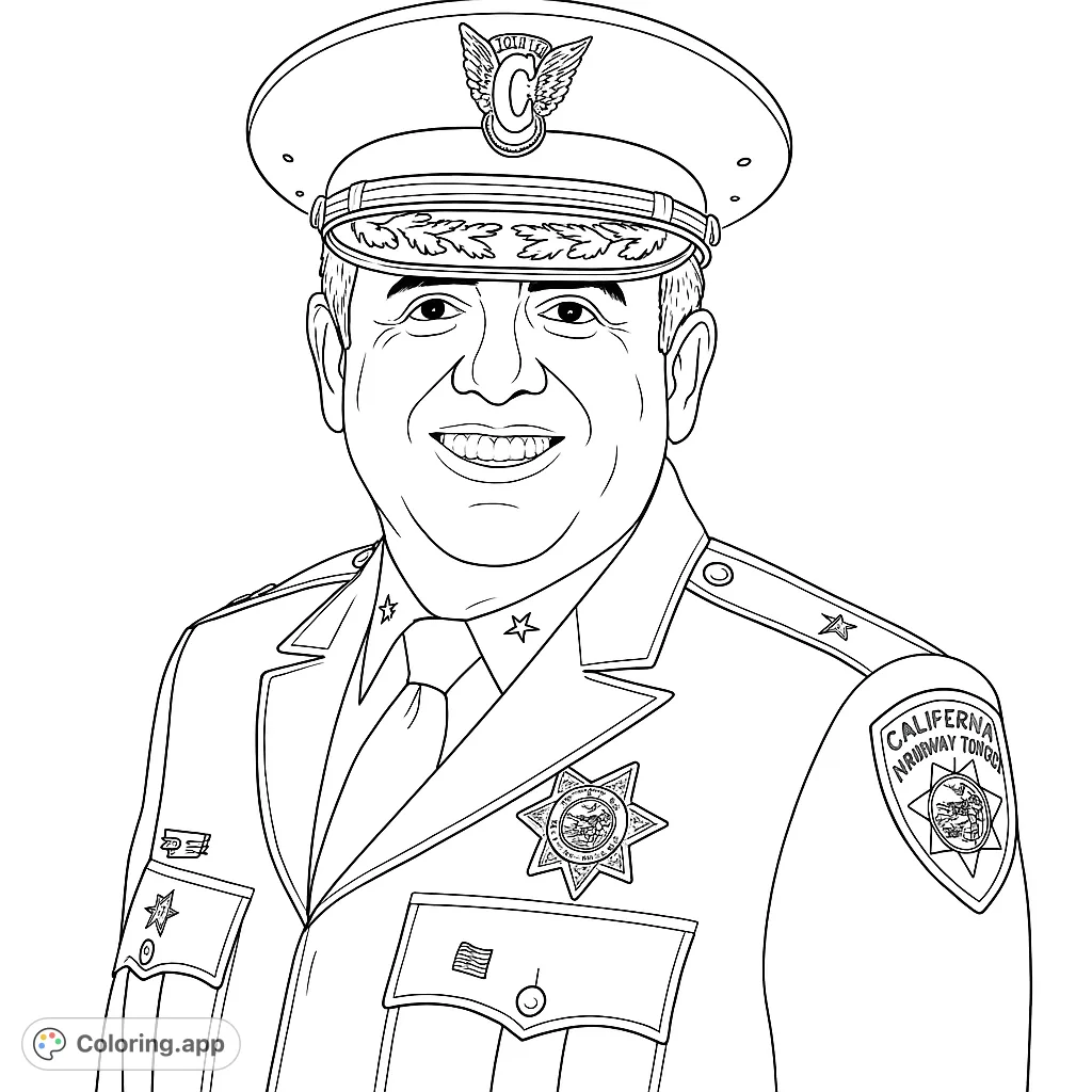 A detailed police officer coloring page featuring a smiling man in full uniform with cap, badge, and patches. Perfect for community helper themes.