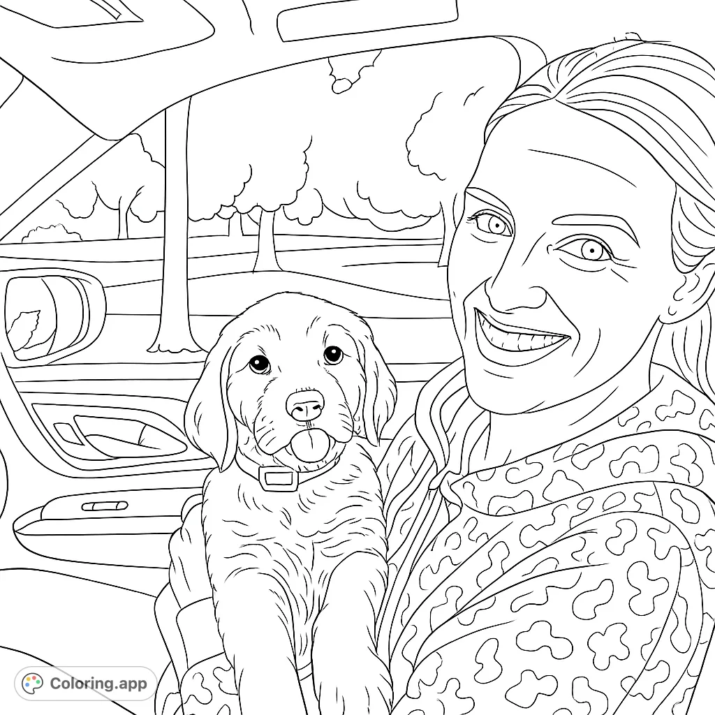 A heartwarming free printable woman and puppy car ride coloring page, perfect for animal lovers. Features a smiling woman holding a fluffy puppy inside a car.