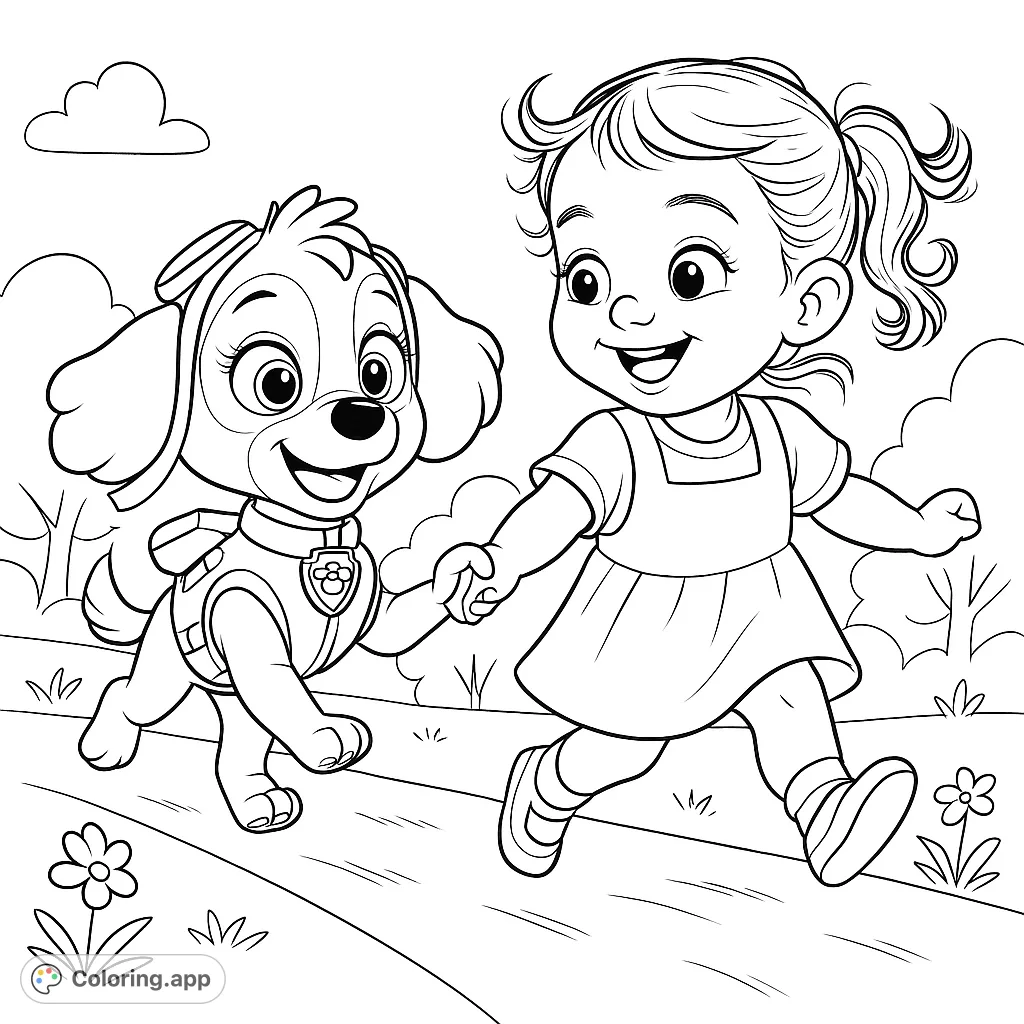 A joyful girl and her adorable puppy run hand-in-paw through a sunny outdoor scene, ready for a colorful adventure. Perfect for kids and pet lovers!