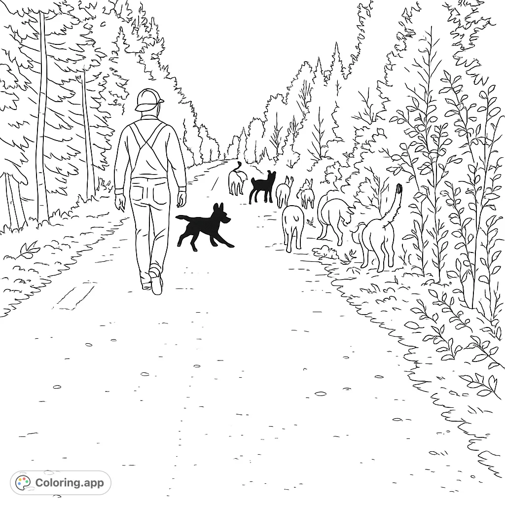 A man walks a forest road with his pack of dogs exploring the woods. A free printable nature coloring page for outdoor and pet lovers.