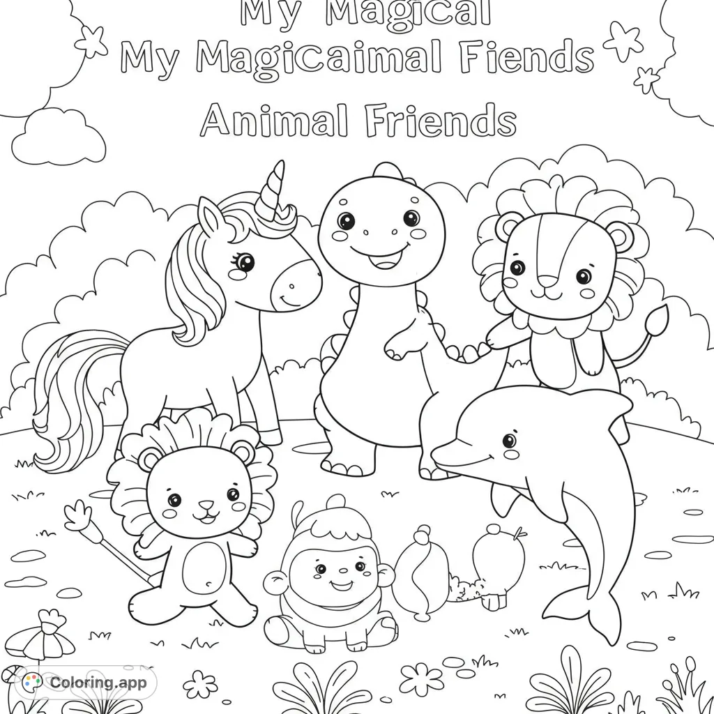 An adorable collection of cartoon animal friends including a unicorn, dinosaur, lions, dolphin, and monkey, ready for a colorful adventure.