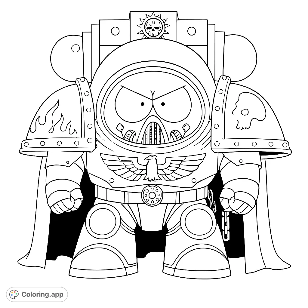Color this formidable space warrior in power armor! Featuring a stern expression, detailed helmet, and iconic emblems, perfect for sci-fi fans.