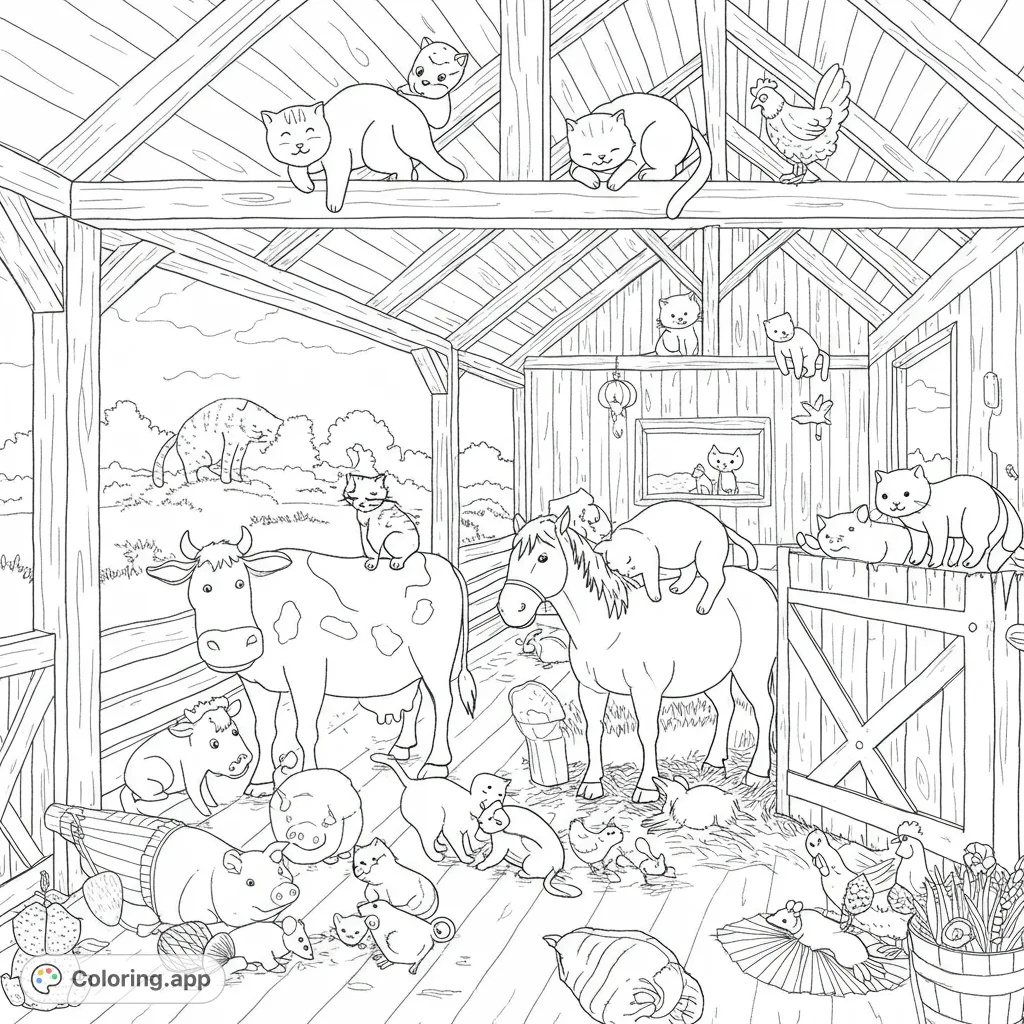 A charming farm animal coloring page featuring a barn full of playful cats, a cow, horse, pigs, chickens, and more. A delightful free printable coloring page for all ages.