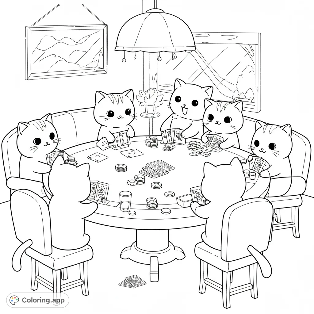 An adorable cats playing cards coloring page, perfect for all ages. Features cute felines, poker chips, and a cozy game night scene. Free printable fun!
