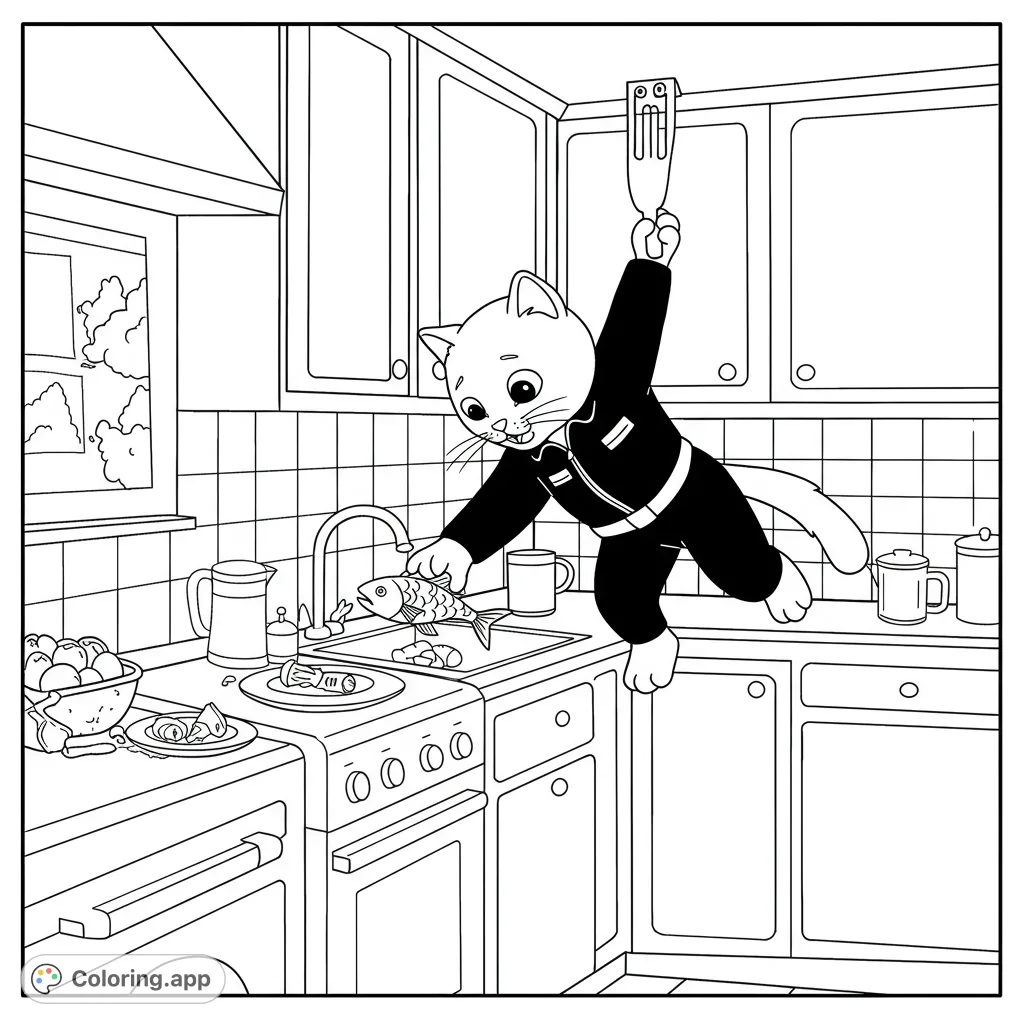 A mischievous chef cat hangs from a spatula, reaching for a fish in a busy kitchen sink. A fun, free printable kitchen cat coloring page for kids and adults.