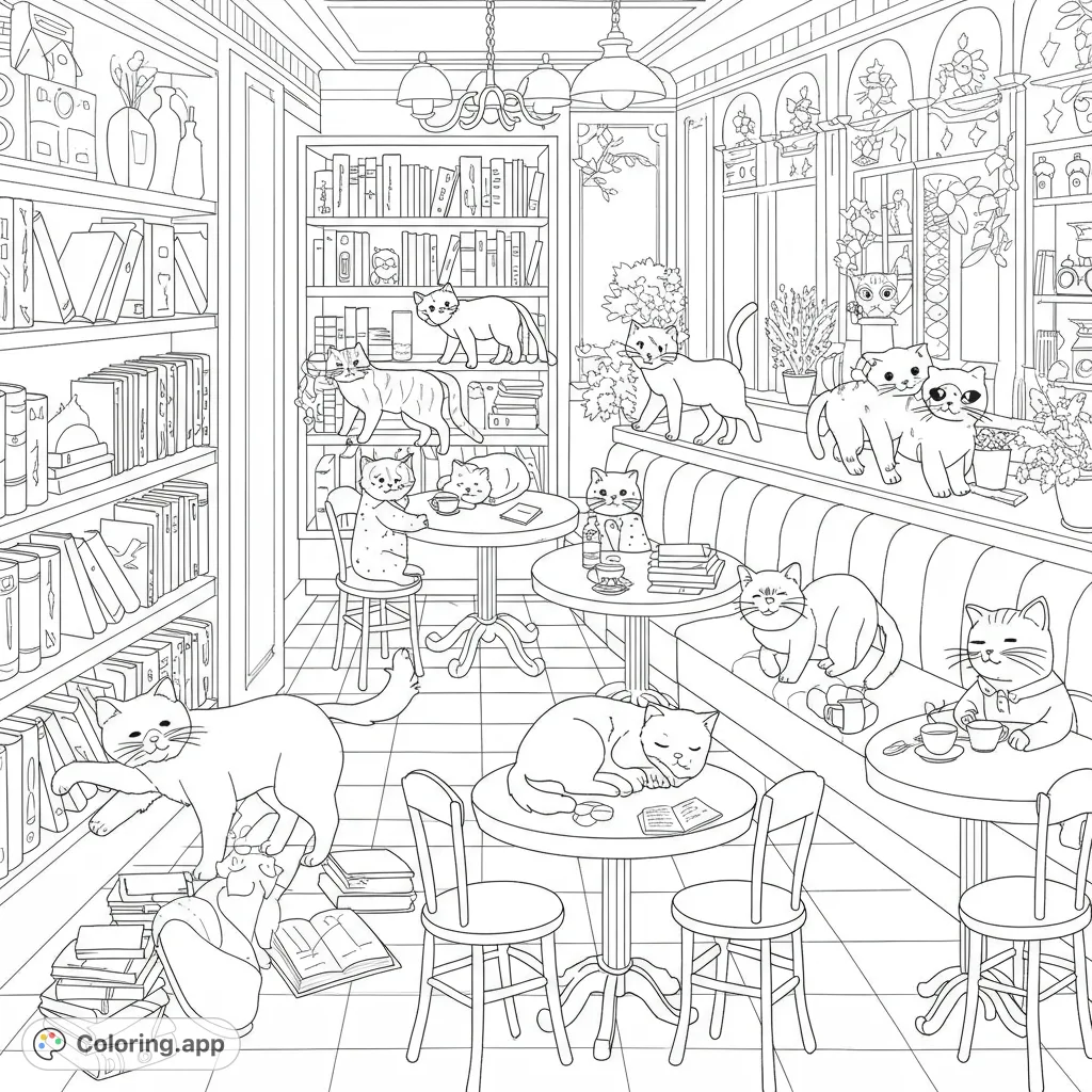 Cats in a Bookstore Cafe Coloring Page