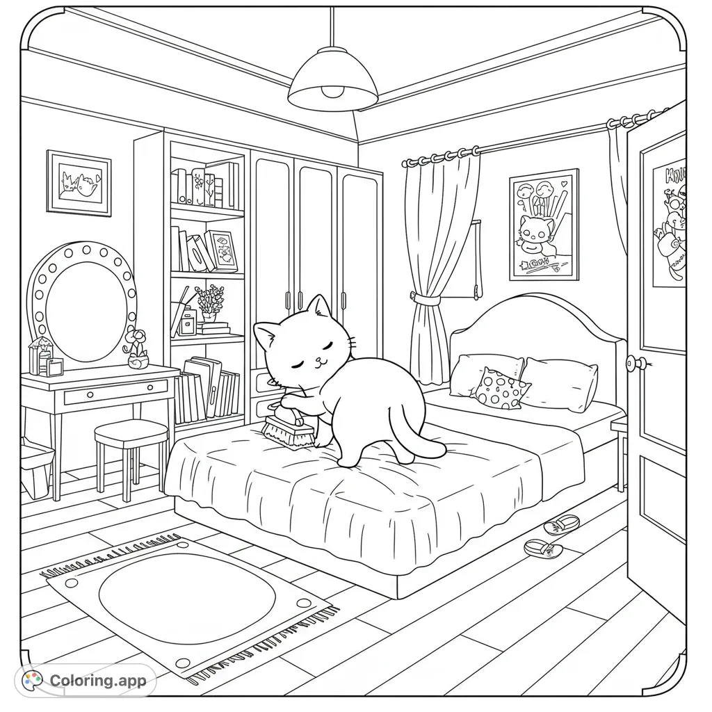 A charming cozy bedroom coloring page featuring a cute cat on a bed, surrounded by detailed furniture and decor. Perfect for relaxation!