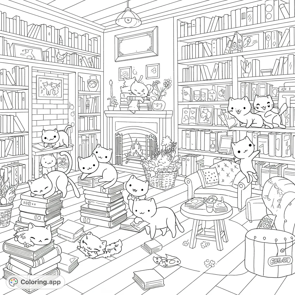 Explore a charming library filled with playful cats, towering bookshelves, and cozy nooks. A delightful free printable cat coloring page for all ages.