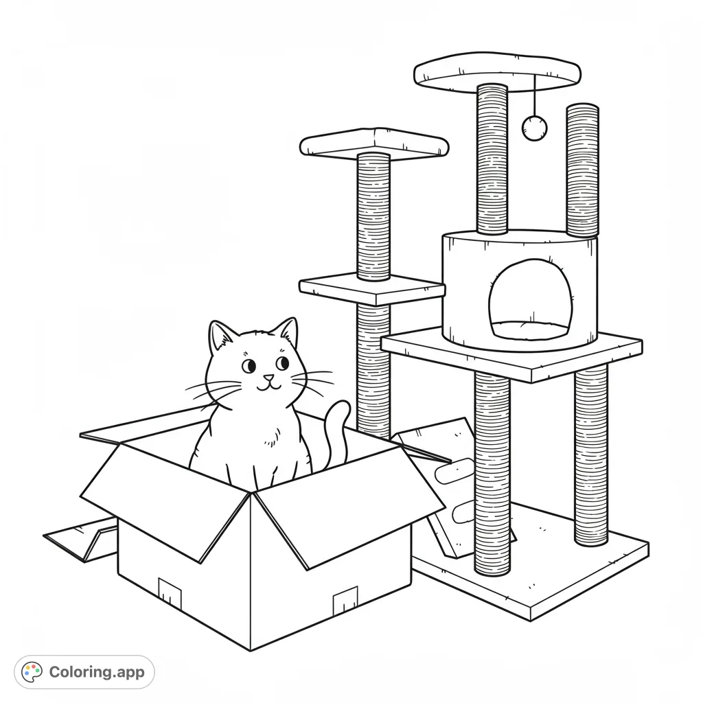 A delightful cat in a cardboard box next to a multi-level cat tree. A free printable cat coloring page for playful moments and pet lovers.