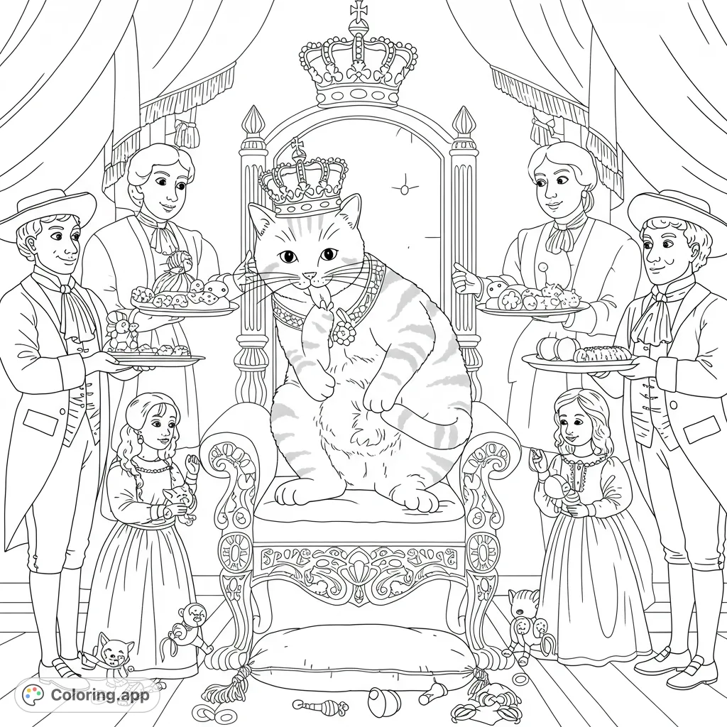 A majestic cat king on an ornate throne, attended by loyal subjects and children, in a grand royal court scene. A delightful royal cat coloring page.