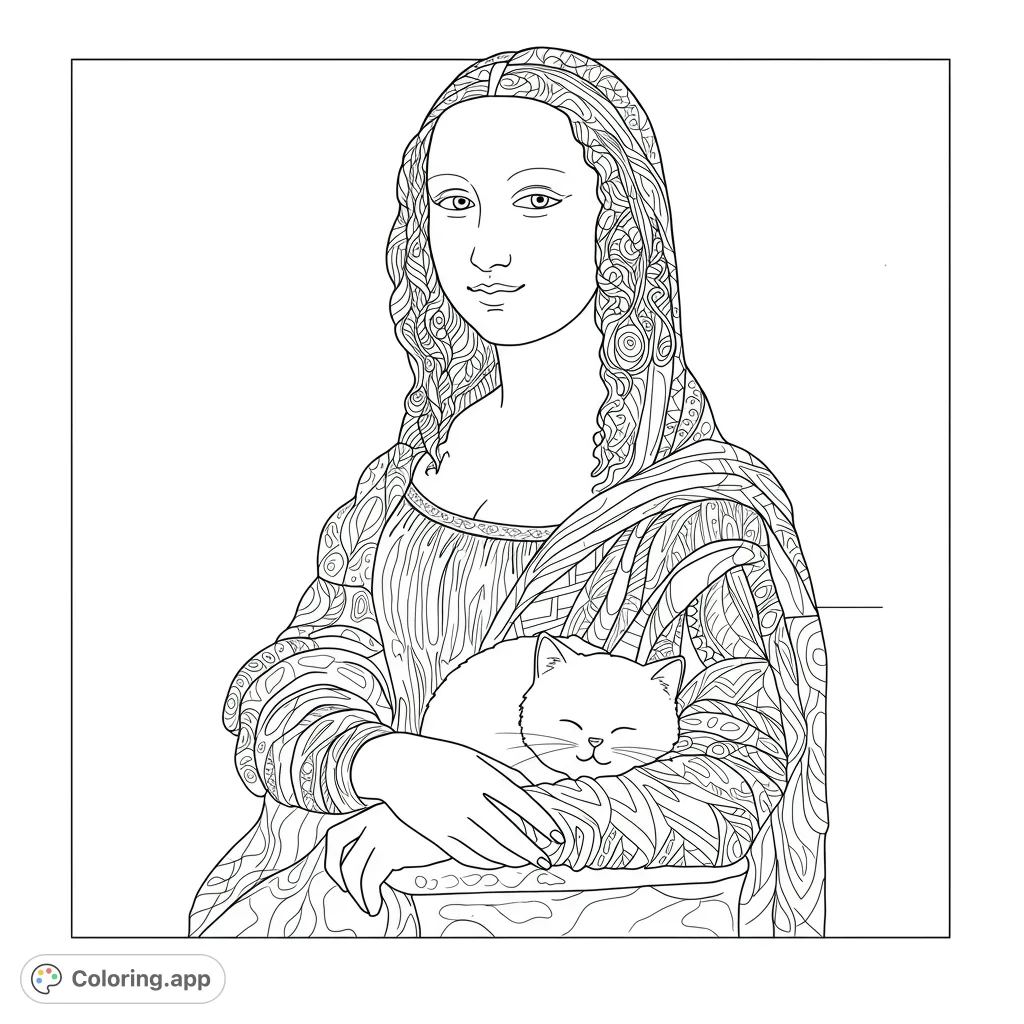 A unique renaissance art coloring page featuring a serene woman with intricate patterns, gently holding a sleeping cat. Free printable for all ages!