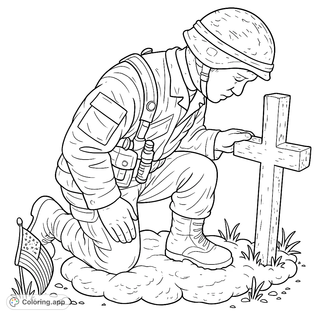 A solemn military remembrance coloring page featuring a kneeling soldier honoring a fallen comrade at a cross, with an American flag nearby.