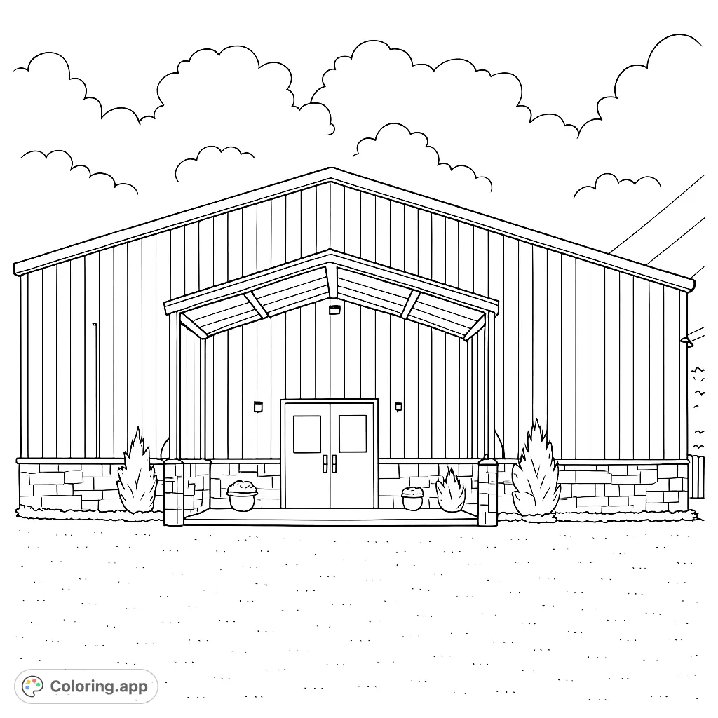A detailed modern building coloring page with vertical siding, a stone base, and a welcoming covered entrance, perfect for architectural enthusiasts.