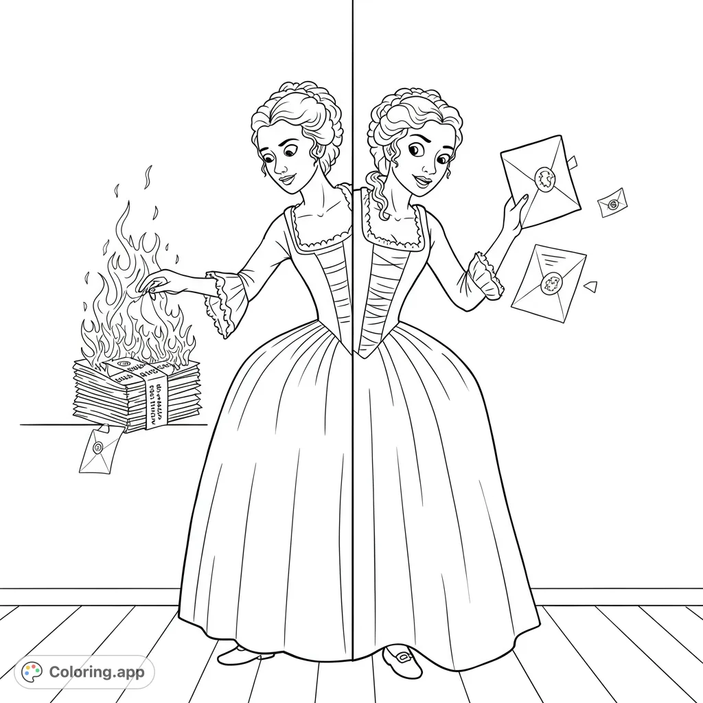 A historical woman in a grand gown, split to show two sides: one burning papers, the other receiving new letters, symbolizing choices and new beginnings.